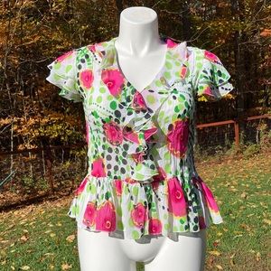 Dots and flowers flouncy ruffled V-front top size L
